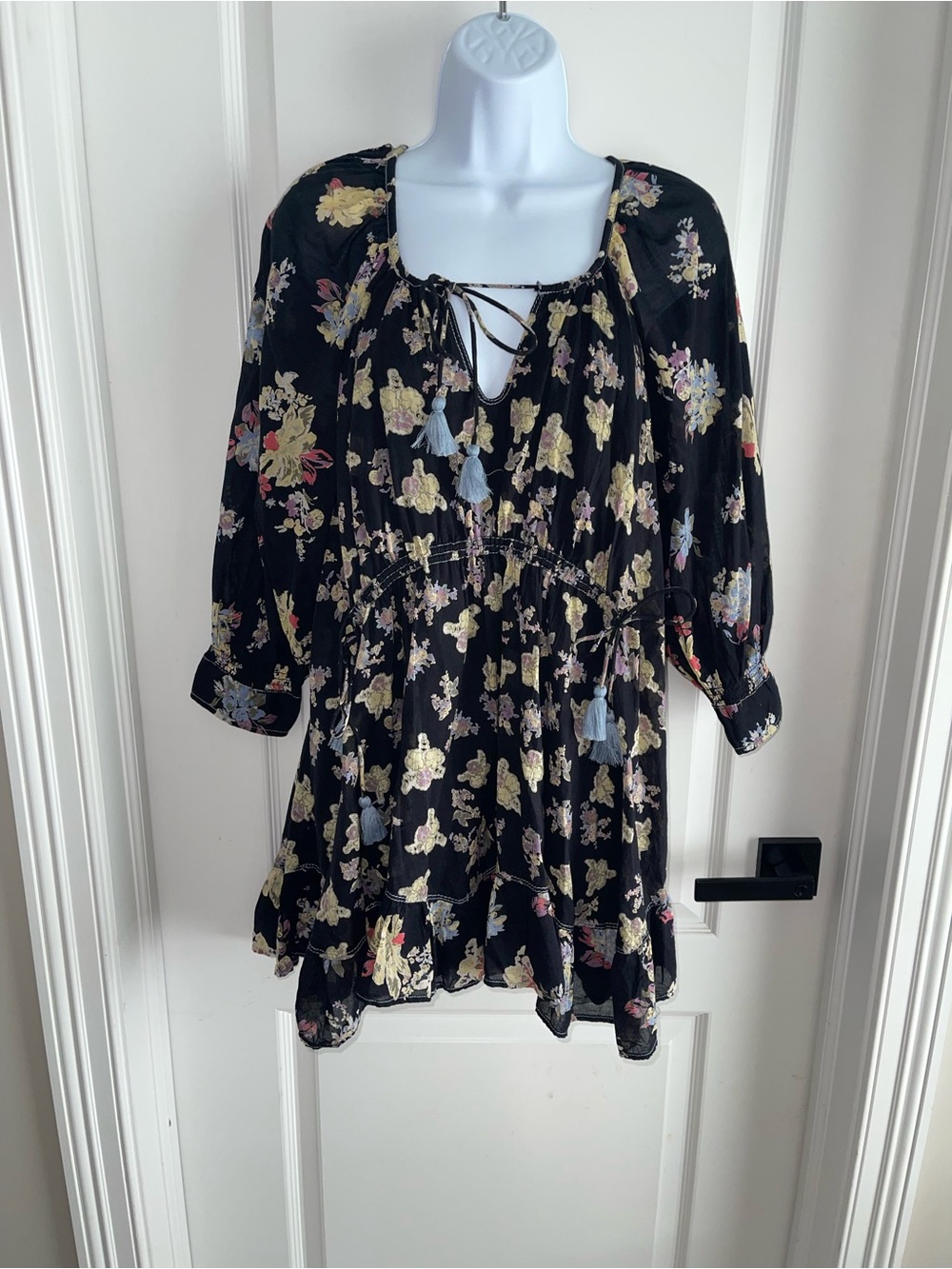 Free People Floral Boho Mini Dress XS Black Tassel Peasant Dress